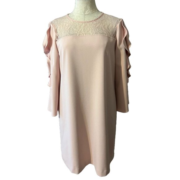 Tahari Levine Dress Pink 10 Ruffle 3/4 Sleeve Stretch Shift Career Church - Picture 2 of 7